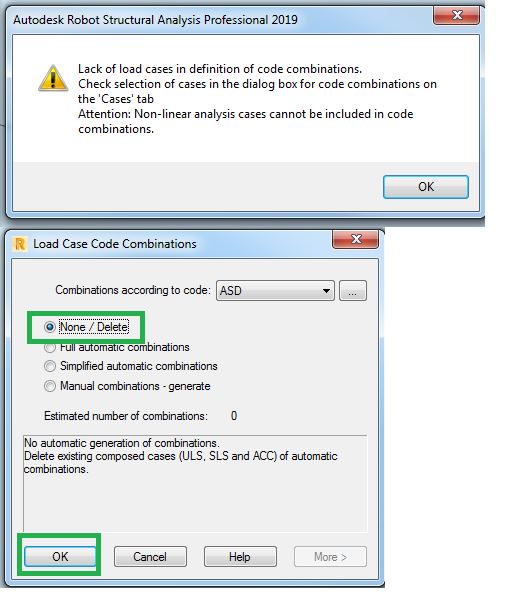 "Lack of load cases in definition of code combinations " message