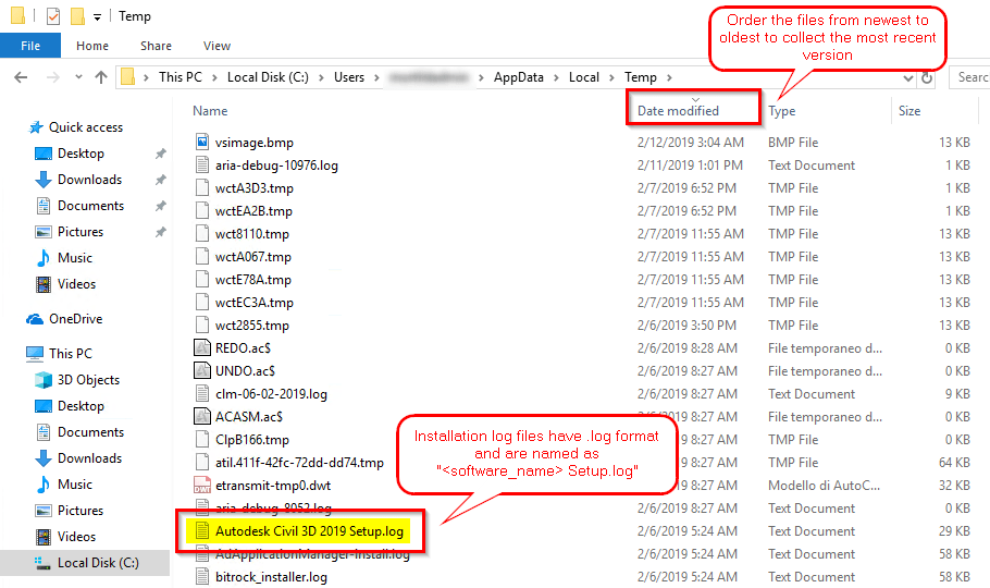 Location of the installation log files generated by an Autodesk product