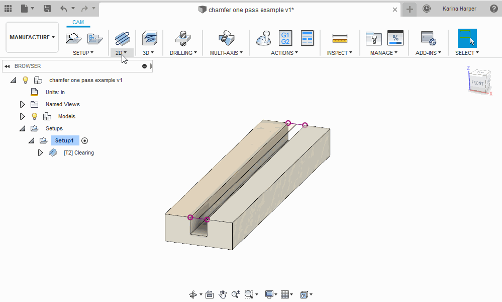 How to chamfer two edges in one pass in Fusion 360 Manufacture