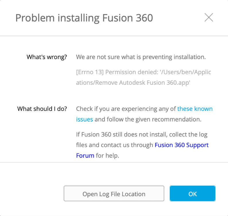“安装Fusion 360时出现问题。[Errno 13] Permission denied" when installing Fusion 360