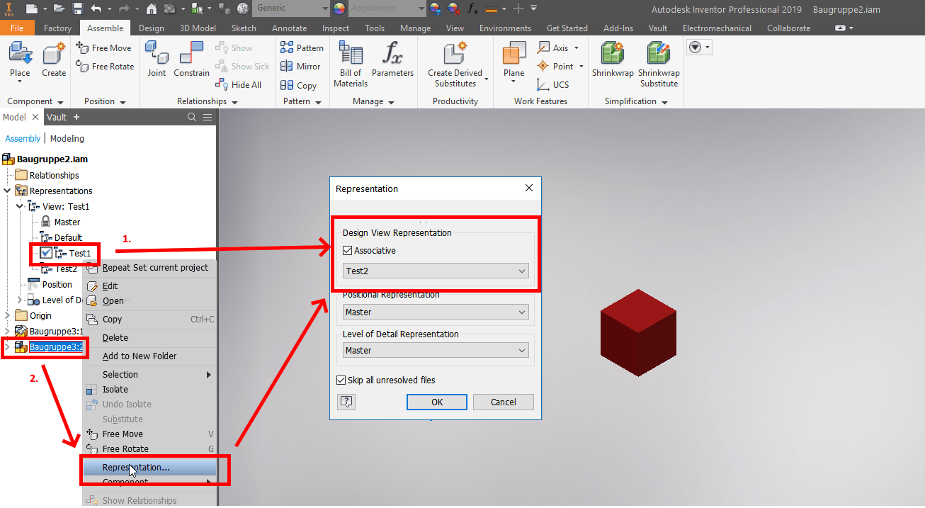 How to connect view representations of assemblies and parts on
