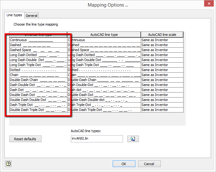 Only default line types are available in the AutoCAD DWG mapping