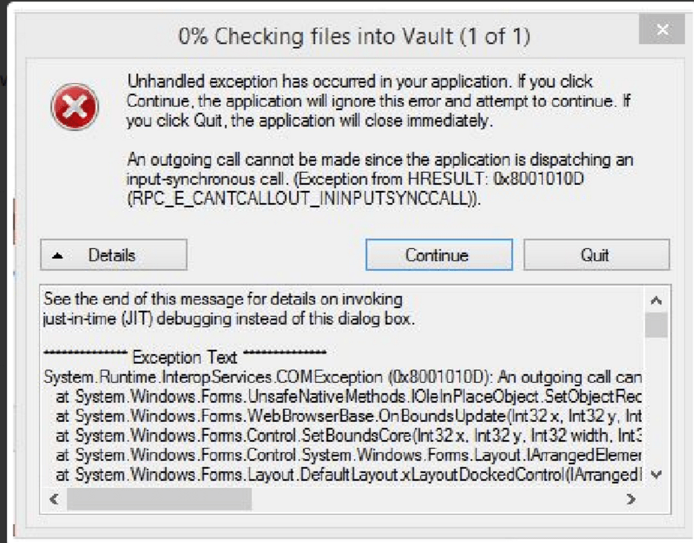 Error When checking in a to Autodesk Vault "Unhandled Exception