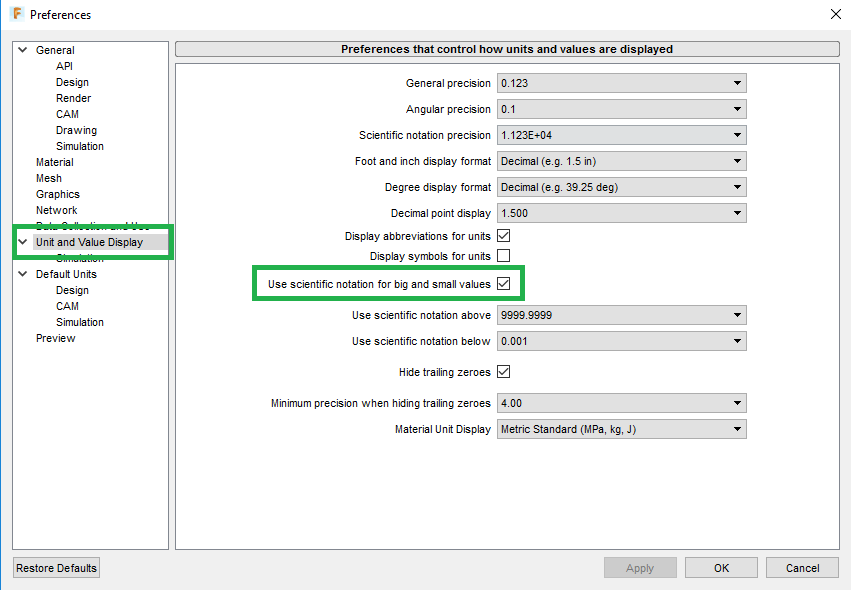 Fusion 360 Change number format for measurements and body properties