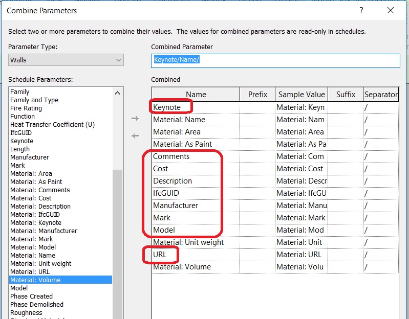 Revit Material TakeOff Schedule using Combined Parameter material