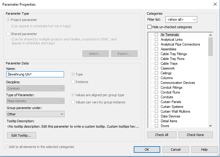 How to modify project units in Revit wall schedule and get to/m3