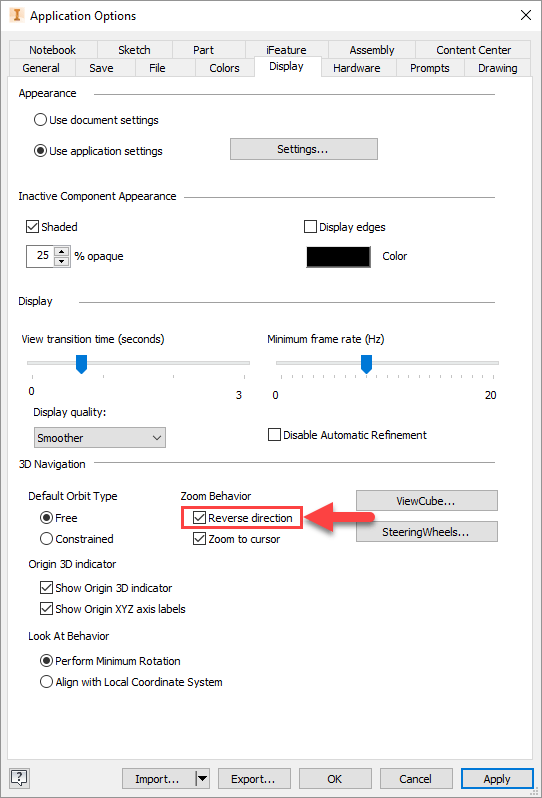 How to reverse the mouse scroll behavior for zooming purposes in Inventor