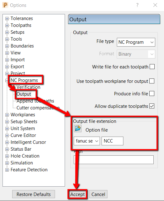 Setting an output filename extension for NC program using an option