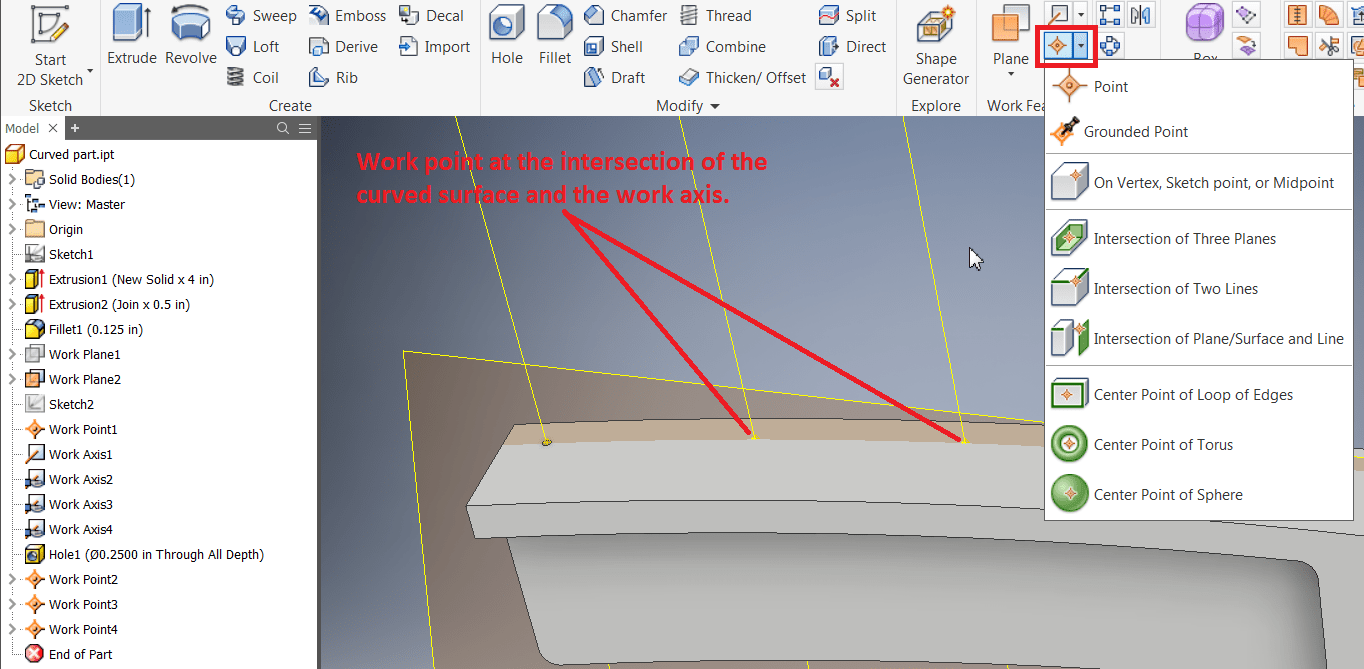 How to create a hole on a curved surface or face in Inventor Inventor