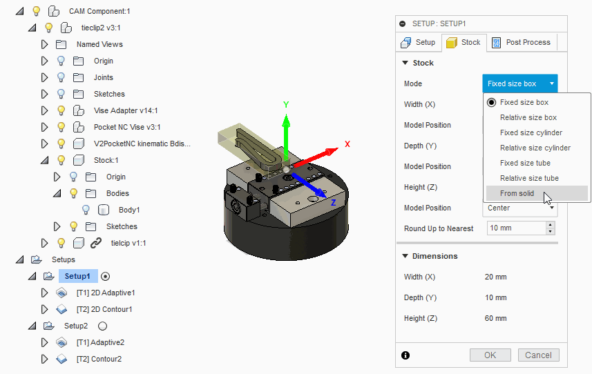 Fusion 360 CAMでストックとして使用する特定の形状やモデルを設定する方法
