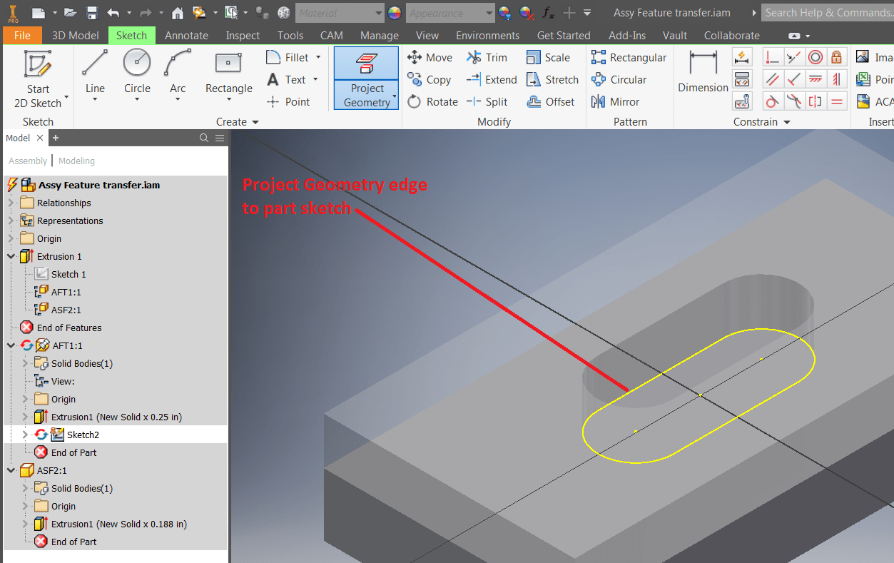 How to transfer an assembly feature to the part file in Inventor.