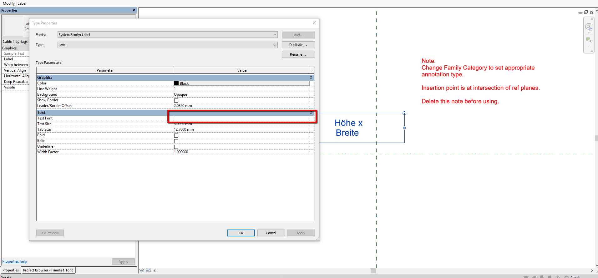 Defined text font in Annotation Revit Family is missing on different