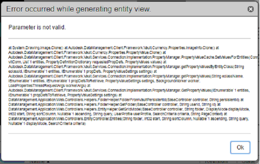 "Error occurred while generating entity view. Parameter is not valid