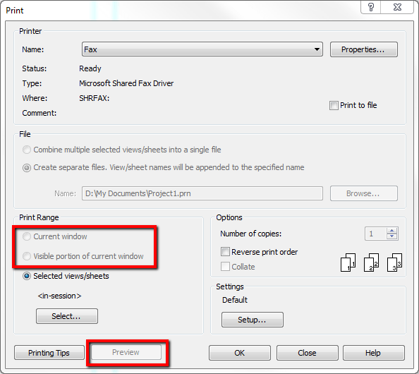 Current Window option grayed out in Revit