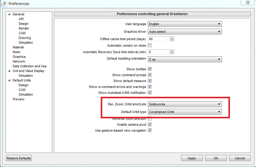 Unable to set "Constrained Orbit" as default when shortcuts are set to