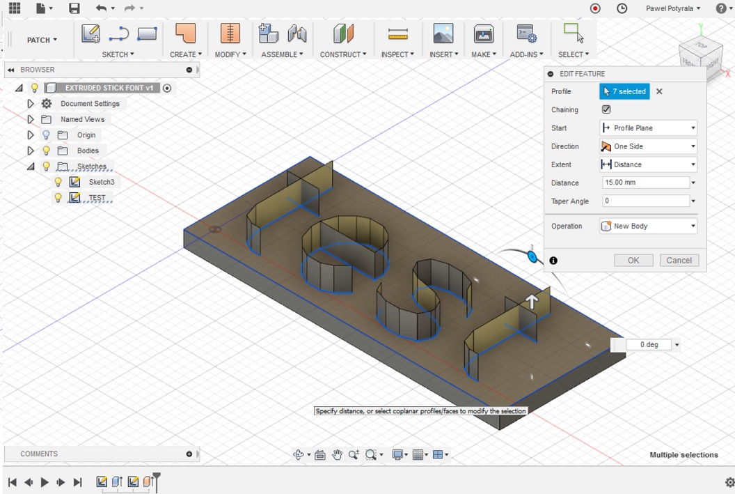 Fusion 360에서 스틱 글꼴을 돌출시키는 방법을 알고 싶습니다.