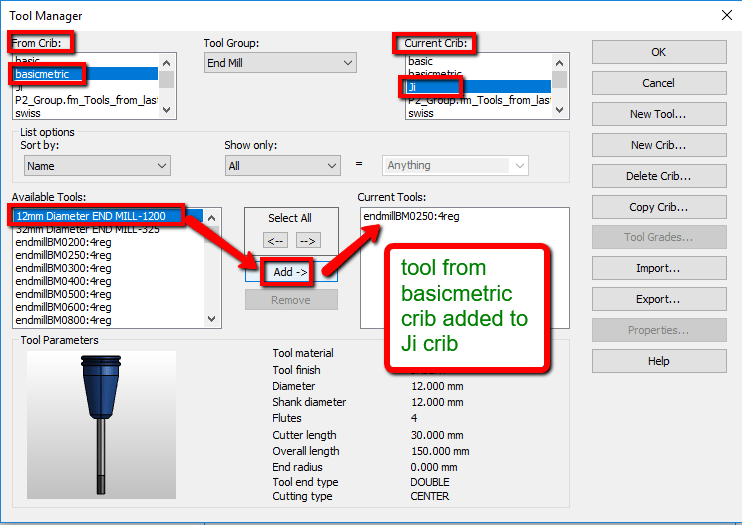 How to copy a tool from a basic tool crib into user defined tool crib
