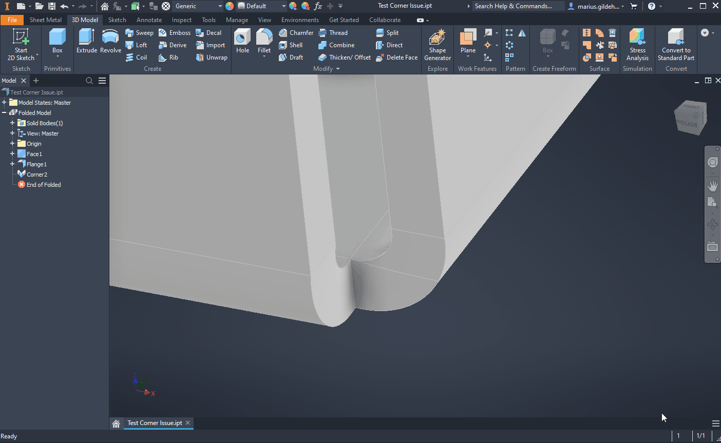Inventor 판금 부품에서 구석을 적용할 때 곡면에서 원치 않는 분할