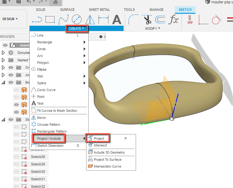 Fusion 360에서 표면 윤곽 본체 모서리를 스케치로 캡처하는 방법