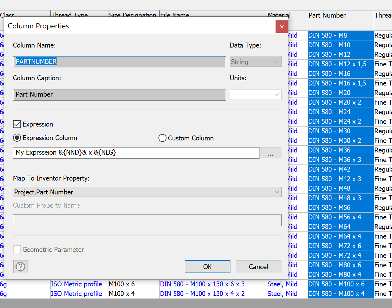 Changes to Part Number column expression in the Inventor Content Center