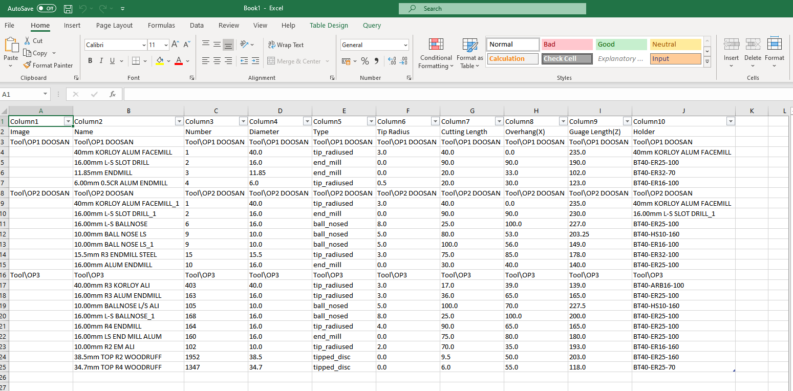 How to create an Excel setup sheet of list of tools used in a PowerMill