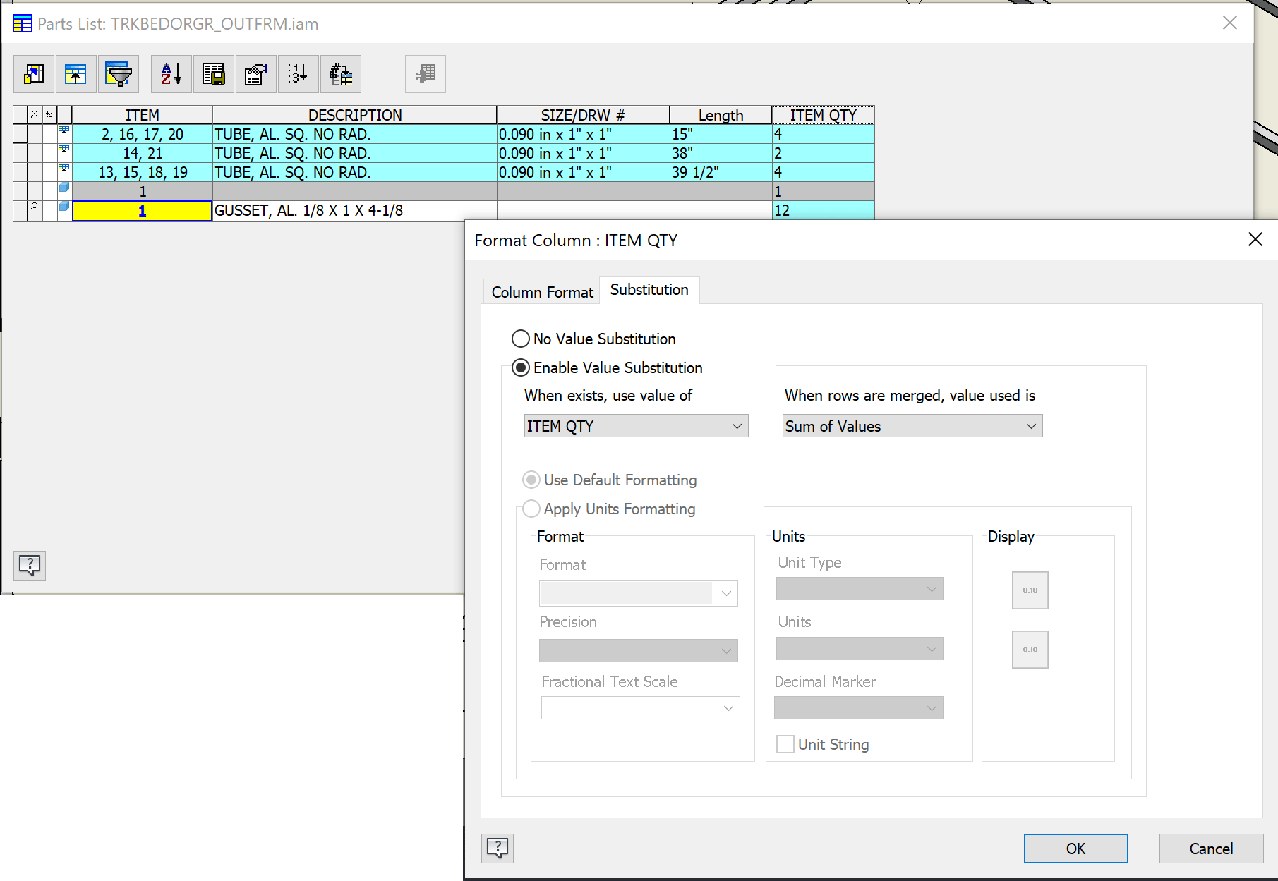 ITEM QTY in Parts List shows value of 1 for multiple Frame Generator