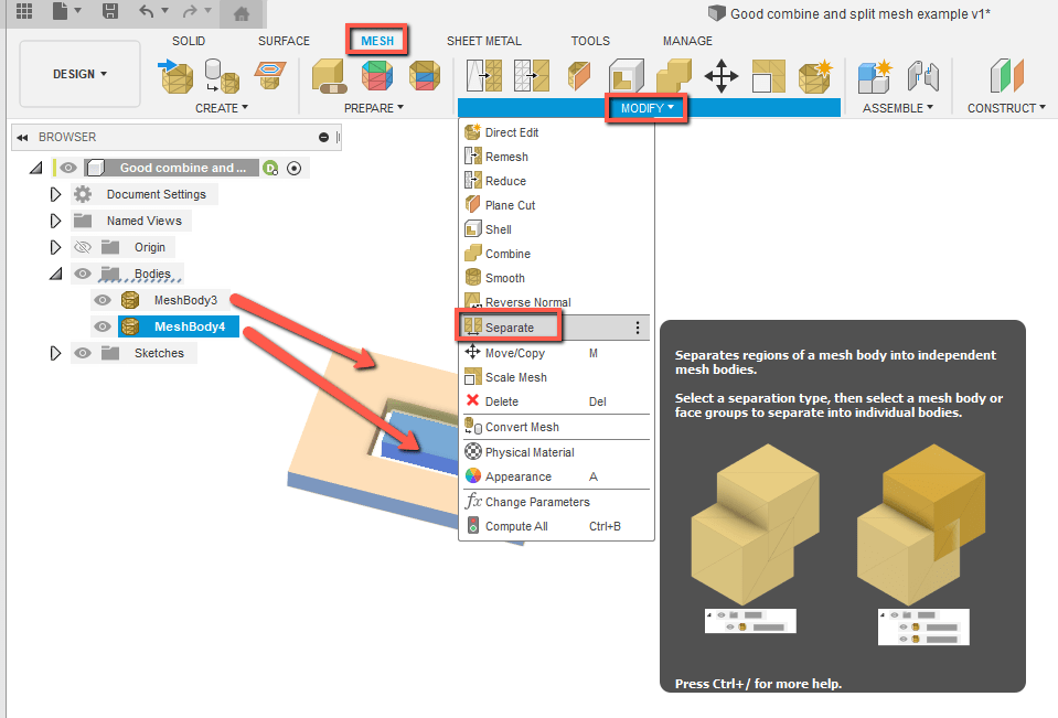 How to separate a none connecting mesh body into multiple meshes in Fusion 360