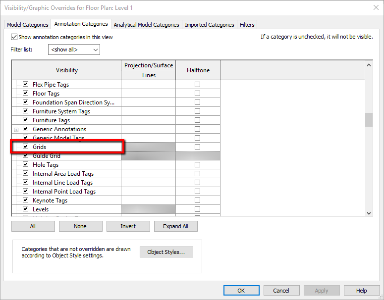 Grids are not showing on all floor plan views in Revit model Revit