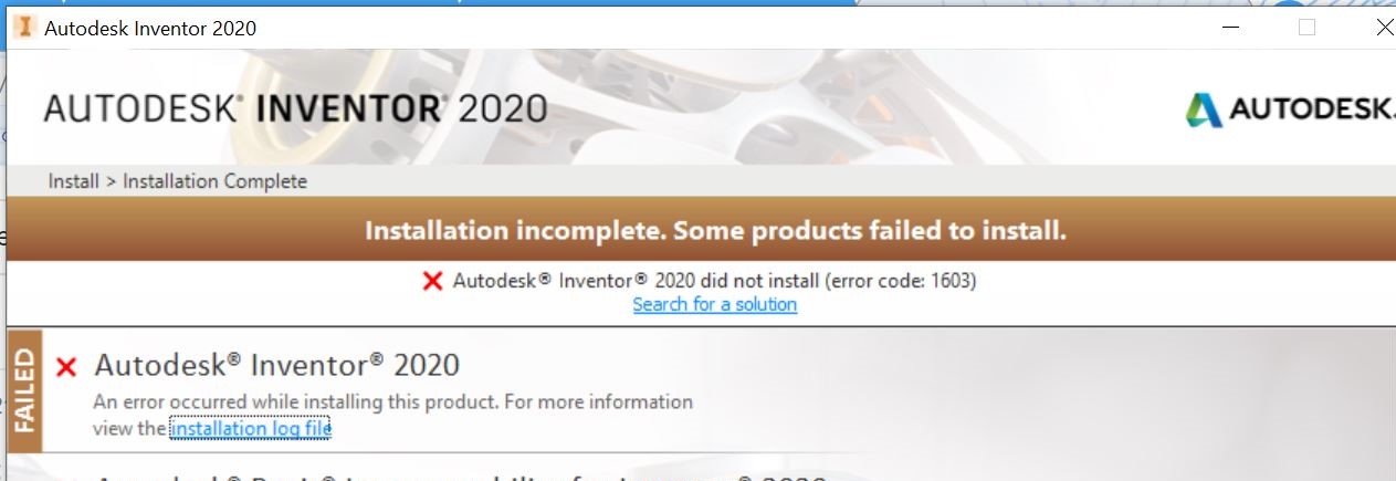 "Install error 1603: Fatal error during installation" when using