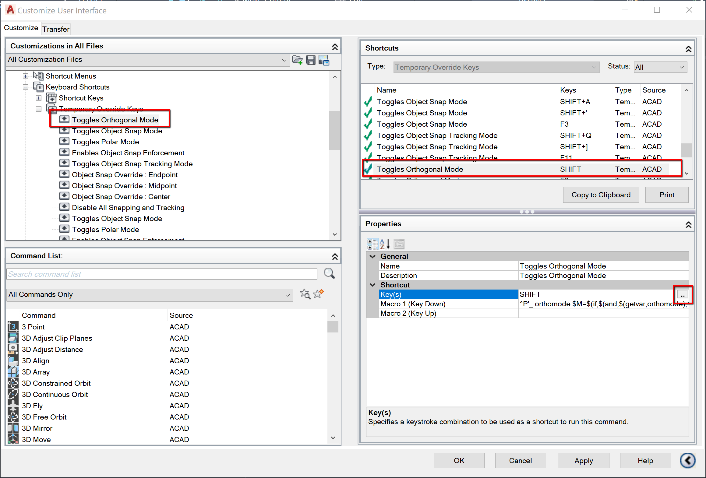 Shift key does not toggle orthogonal mode on some laptops in AutoCAD