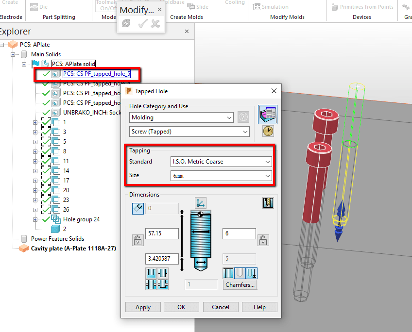 Adding PCS (imperial) catalogue cap screws generate metric PowerFeature tapped holes in