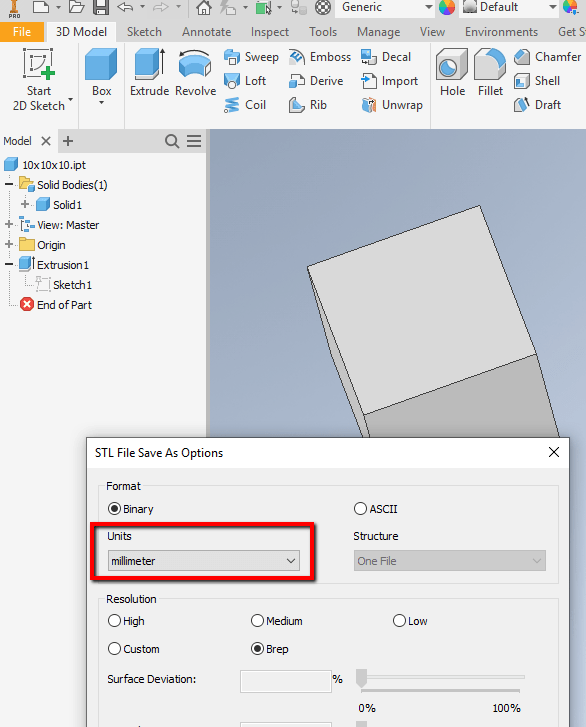Exporting STL files using mm units from Inventor outputs the wrong