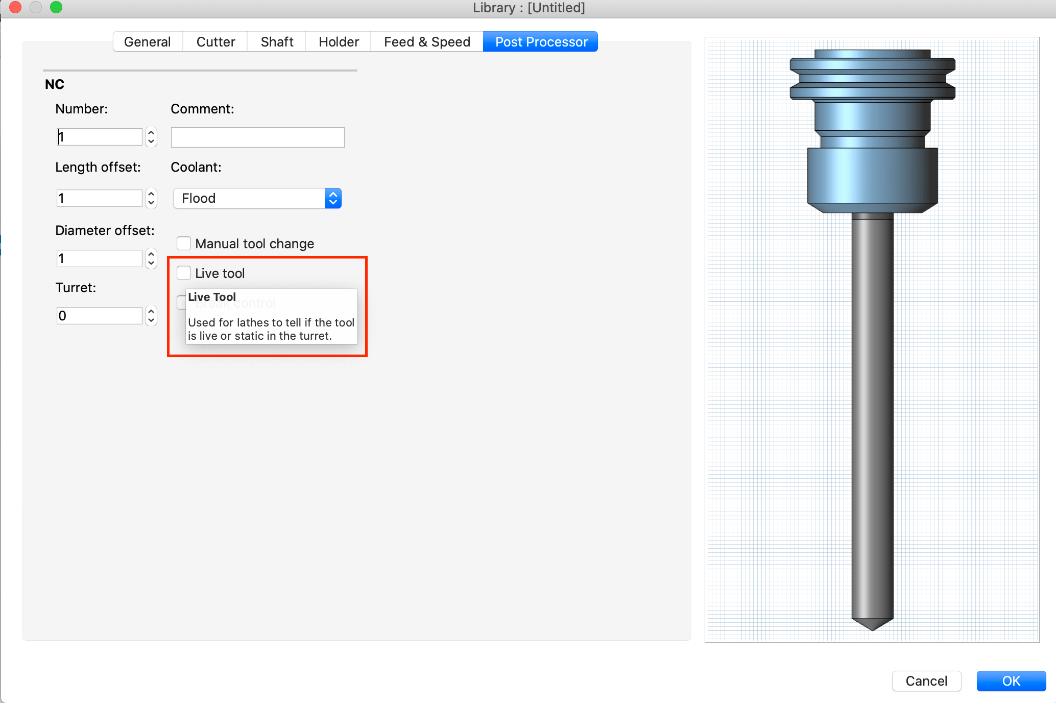 Fusion 360のMFGからのライブ工具スピンドル速度を使用した静的工具旋盤ドリル操作ポスト