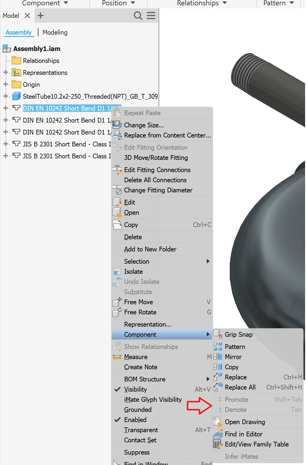 Inventor Place from Content Center parts of Tube & Pipe Fittings have