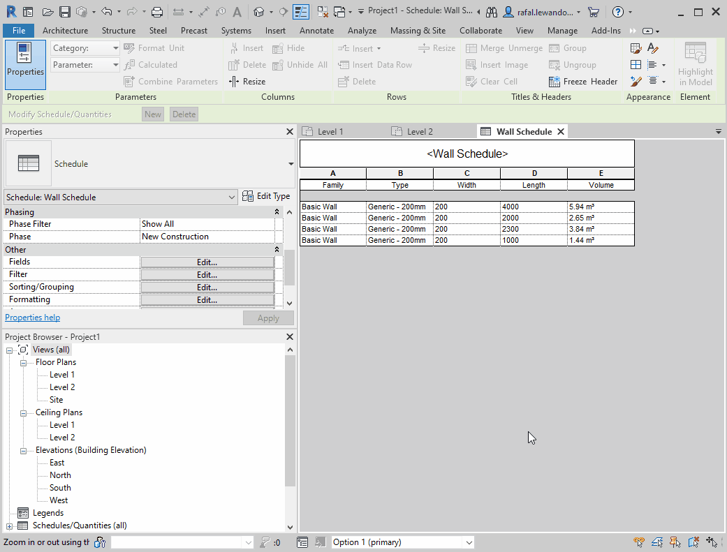 How to create a wall schedule split by levels in Revit
