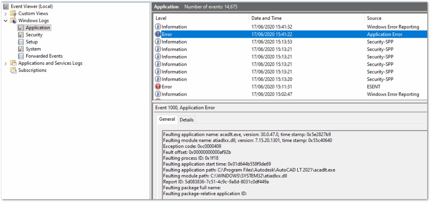 AutoCAD crashes at startup with Event Viewer reference to module