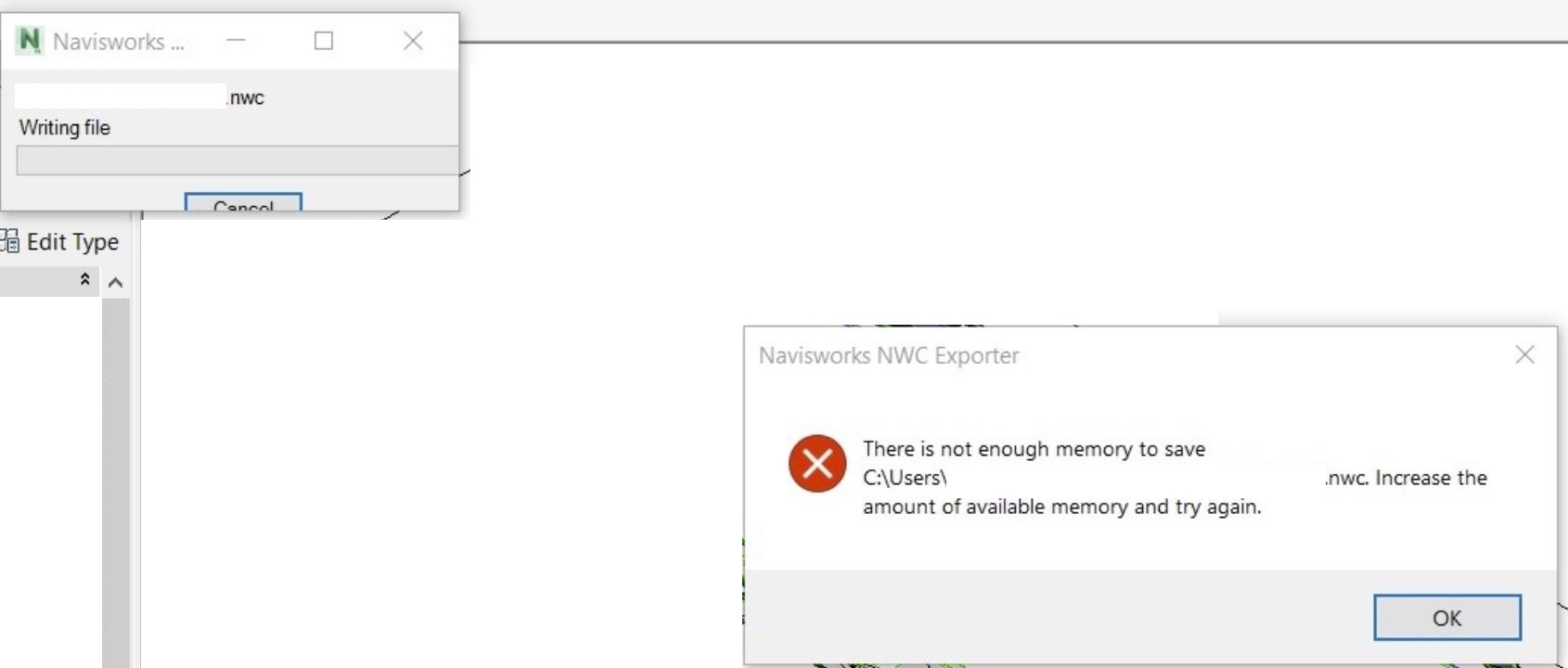 "There is not enough memory to save File.nwc" exporting NWC from Revit