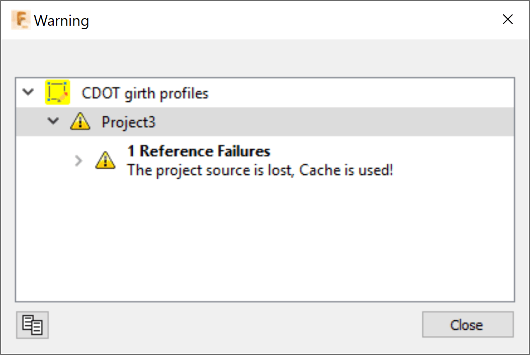 "Reference failures [...] The project source is lost" warning on a