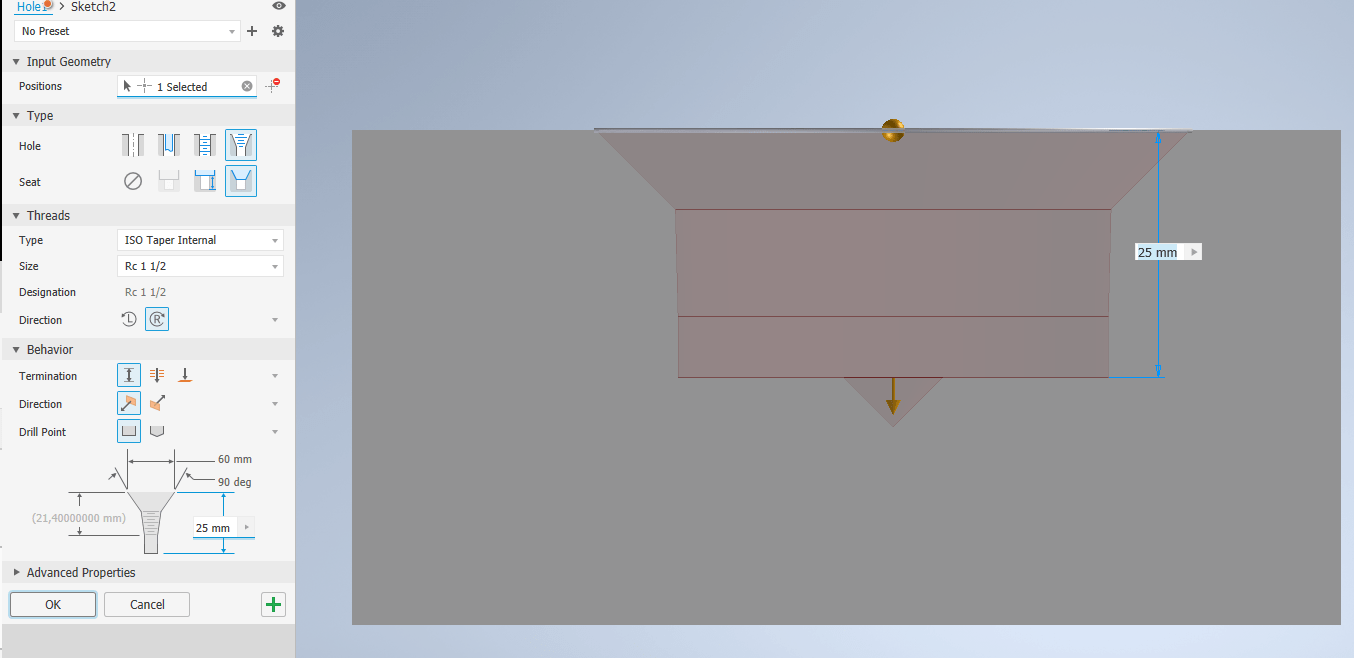 Inventor taper tapped hole with countersink creates unexpected cone