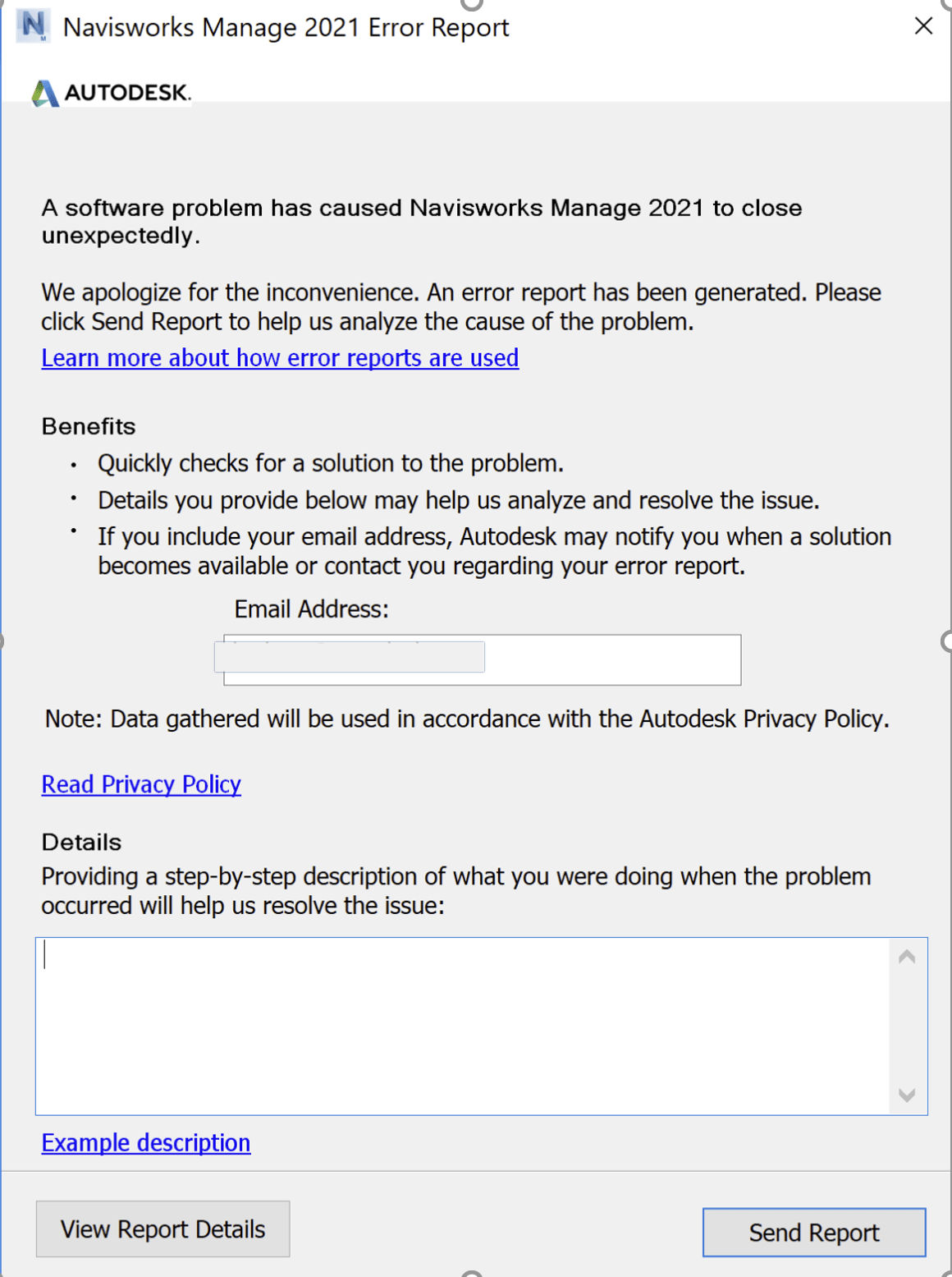 "Un problema de software ha provocado que Navisworks Manage 2021 se