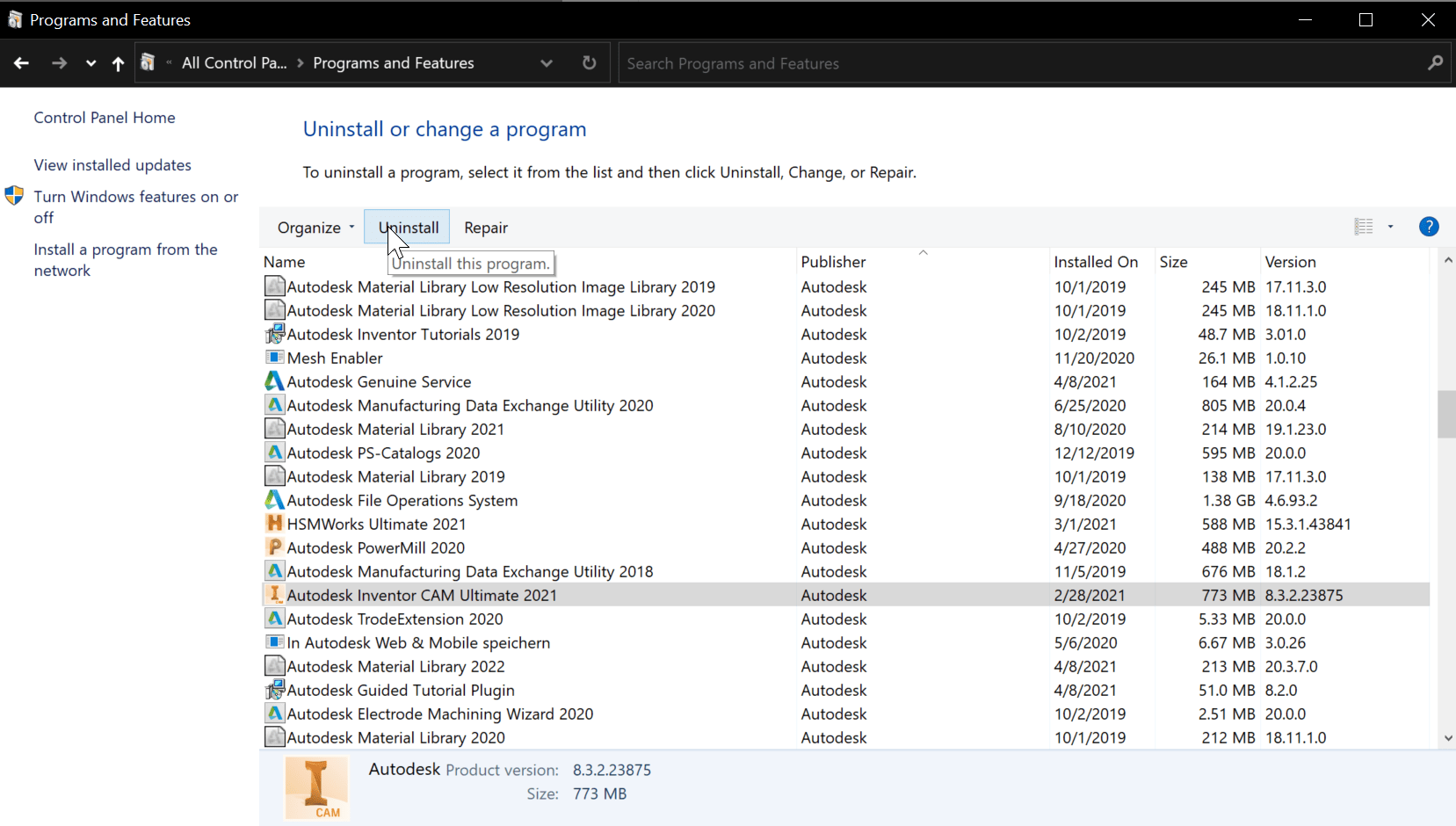 How to do a clean uninstall of Autodesk Inventor CAM