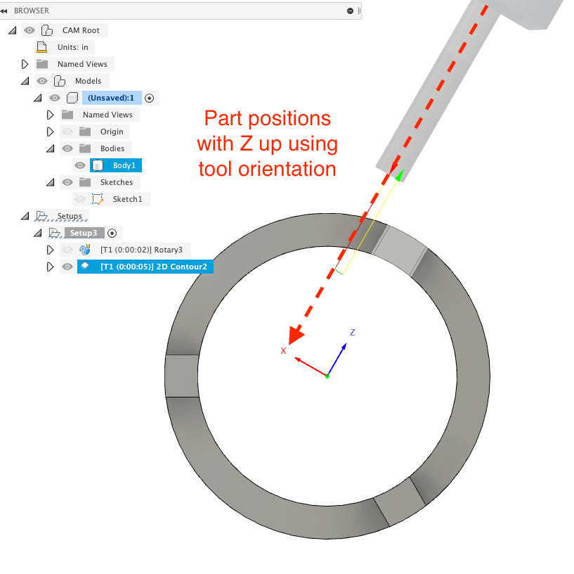Rotary operation is cutting at an angle towards center of rotation instead of along edge of part