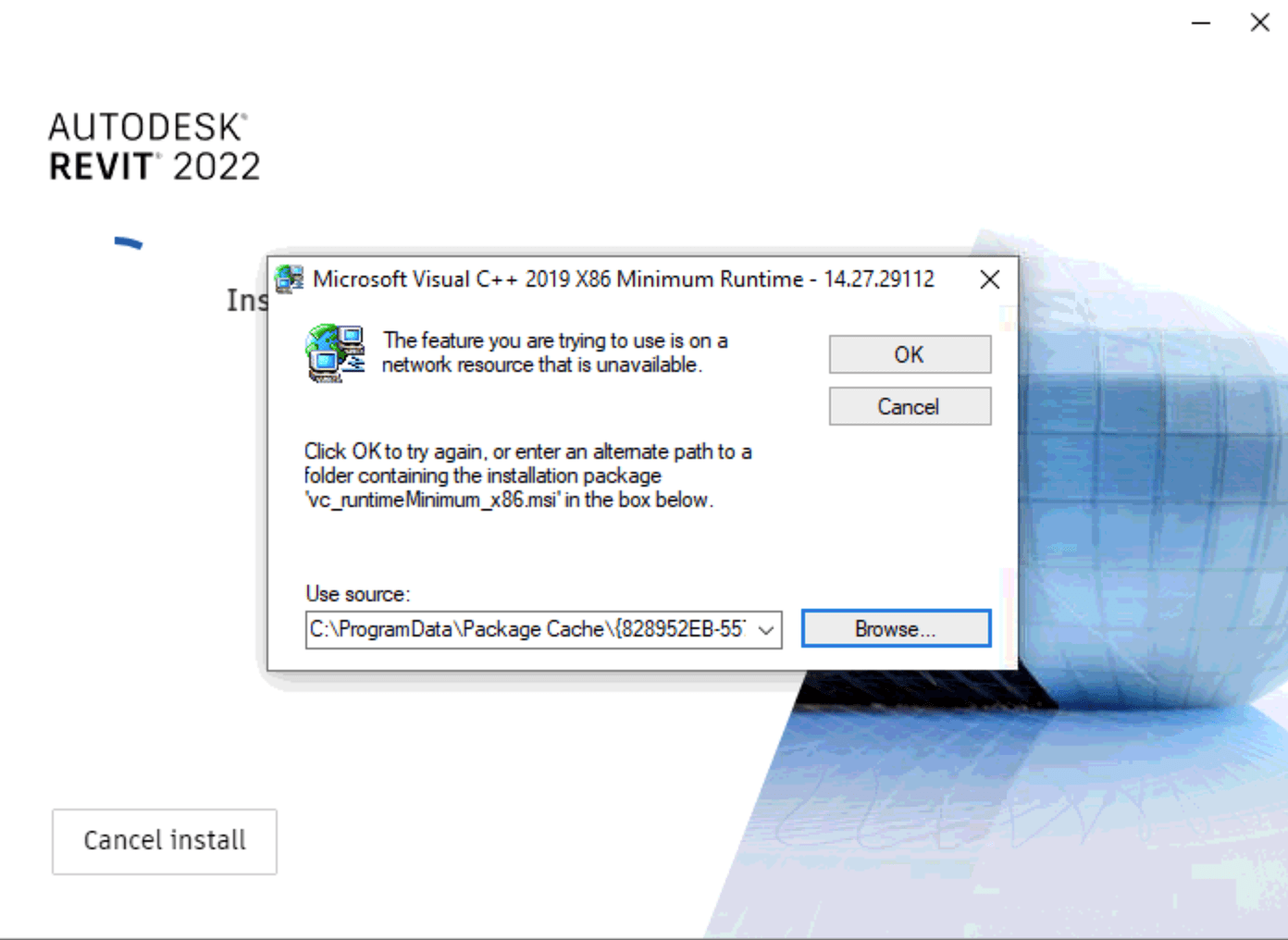 安装Autodesk 2022或更高版本产品时显示“您尝试使用的功能位于不可用的网络资源上”。 AutoCAD 2023