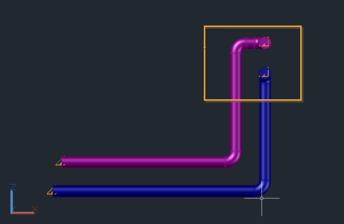 Parallel orientation of pipes flipped after changing direction when
