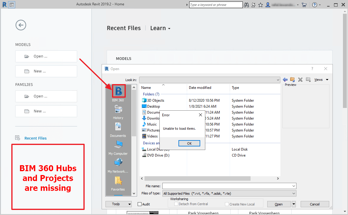 Revit で BIM 360 モデルを利用しようとすると「項目をロードできません」と表示される