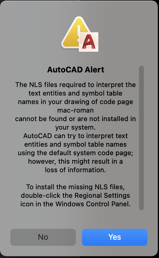NLS files referencing Windows Control Panel when opening DWG or DXF