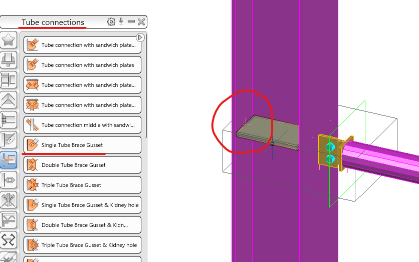 Advance Steelで「Single Tube Brace Gusset」ジョイントの補剛材にギャップを設定できますか?