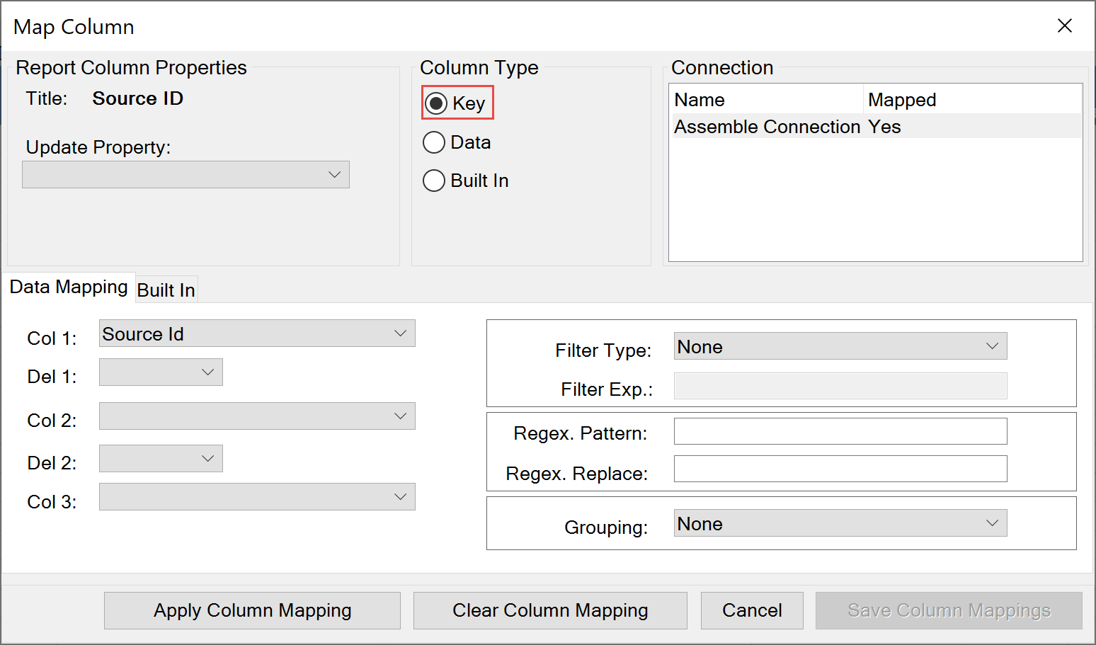 "No Key column has been defined. Please map a key column," error message received when