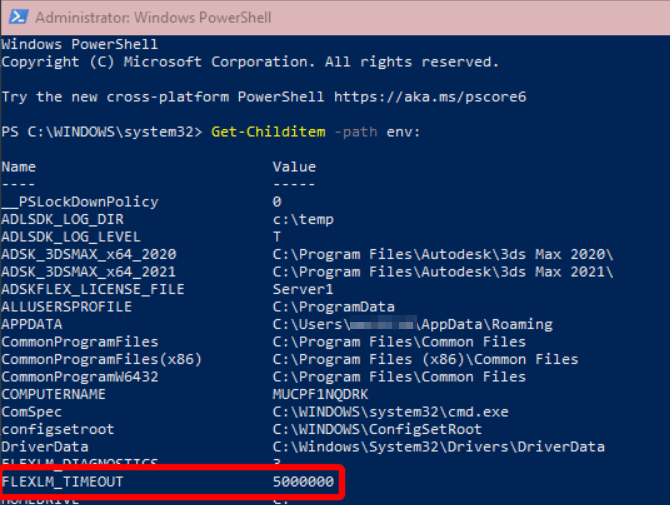 How to configure the FLEXLM_TIMEOUT environment variable via PowerShell