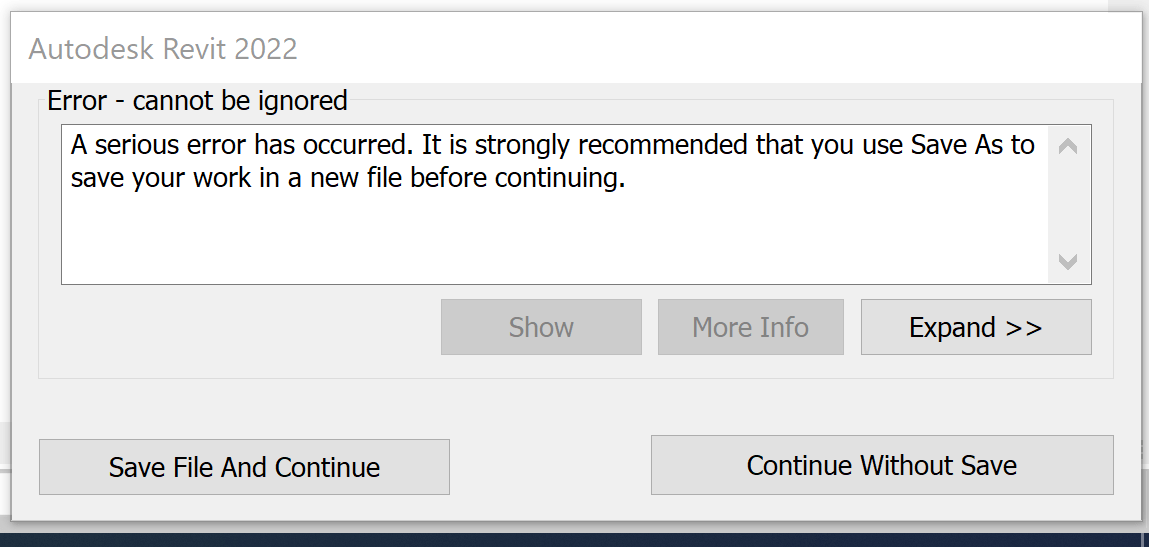 Revitモデルで壁を修正または削除するときに、「重大なエラーが発生しました」